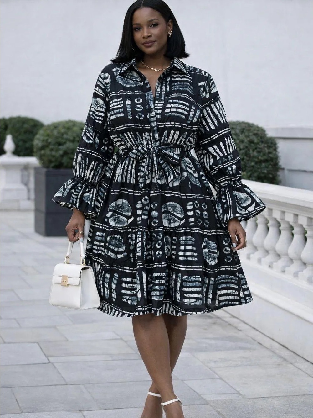 Black Printed Tie-Waist Midi Dress